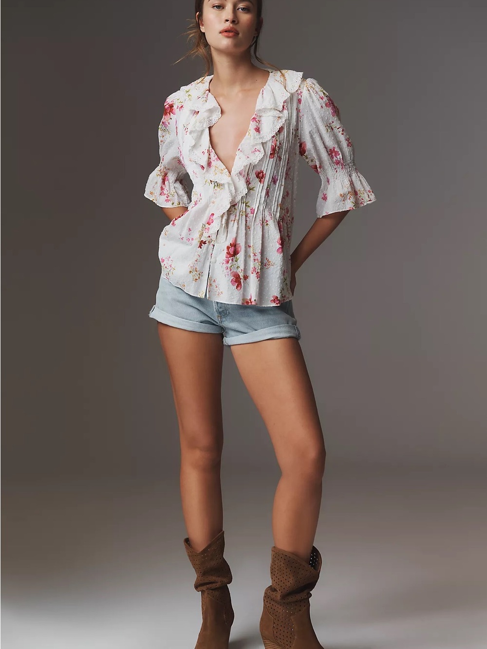 Anthropologie White Floral Ruffle V-Neck Peplum Blouse - Picture 3 of 8